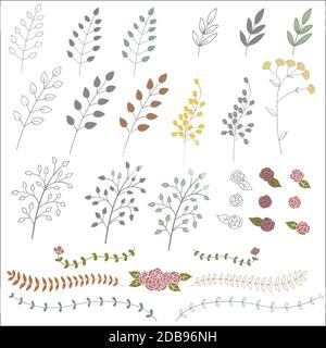 Handgezeichnete Vintage florale Elemente. Set von Zweigen, Ikonen und dekorativen Elementen. Stock Vektor