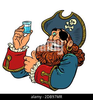 Pirate lustige Figur ein Schuss Wodka. Comics karikieren die Zeichnung von Pop-Art-Retro-Illustrationen Stockfoto