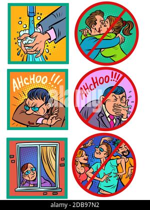 Hygiene- und Gesundheitsvorschriften für Virus-Epidemien. Comics karikieren die Zeichnung von Pop-Art-Retro-Illustrationen Stockfoto