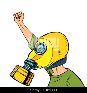 Protester in einer Gasmaske. Protest gegen saubere Luft. Comics karikieren die Zeichnung von Pop-Art-Retro-Illustrationen Stockfoto