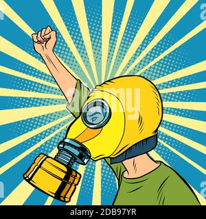 Protester in einer Gasmaske. Protest gegen saubere Luft. Comics karikieren die Zeichnung von Pop-Art-Retro-Illustrationen Stockfoto