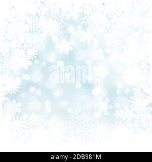 Blauer Weihnachtshintergrund mit Schneeflocken und mit weißem Rahmen. Stock Vektor