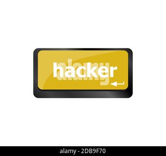Hacker-Wort über Tastatur, Angriff, Internet-Terrorismus-Konzept Stockfoto
