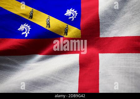 Nahaufnahme von gekräuselten Herm Flagge, Herm Flagge weht im Wind Stockfoto