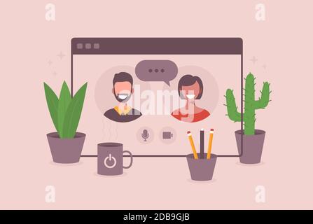Illustration von zwei glücklichen Menschen, die per Videoanruf im Browserfenster sprechen. Lächelnde Männer und Frauen arbeiten und kommunizieren aus der Ferne. Team Meeting Vektor il Stock Vektor