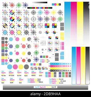 CMYK-Farbmanagementelemente. Grafische Symboldienstprogramme werden veröffentlicht. Drücken Sie Mark. Kalibrierung, Schnittmarken. EPS 10-Vektordatei Stockfoto