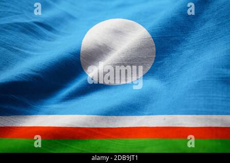 Nahaufnahme der Flagge der Republik Sakha, Flagge der Republik Sakha, die im Wind weht Stockfoto