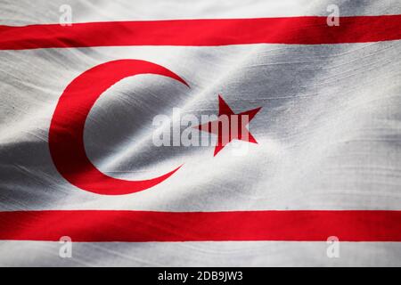 Nahaufnahme der Flagge von Ruffled Northern Cyprus, Nordzypern Flagge weht im Wind Stockfoto