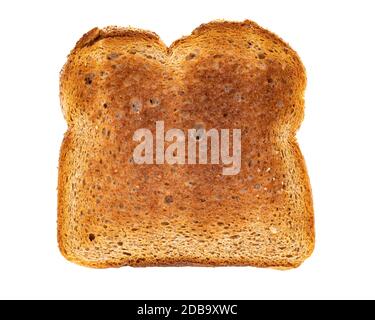 In Scheiben geschnittenes Vollkornbrot getoastet, isoliert auf weißem Hintergrund, von oben fotografiert Stockfoto