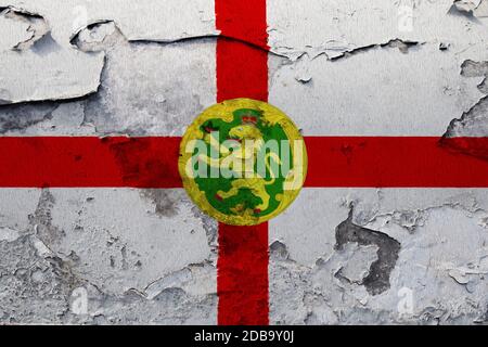 Alderney Flagge auf dem gebrochenen grunge Beton Wand gemalt Stockfoto