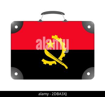 Flagge des Landes Angola in Form von Ein Koffer für Reisen auf weißem Hintergrund Stockfoto