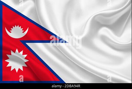 Nepal Land Flagge auf gewellte Seide Stoff Hintergrund Panorama - Abbildung Stockfoto