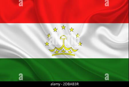 Flagge des Landes Tadschikistan auf einem Hintergrund von Gewelltes Seidengewebe Panorama - Illustration Stockfoto