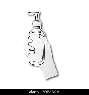 Schwarze Linie von Hand gezeichnet von Hand halten Alkohol Gel für Reinigung auf geschnittenem Papier mit Schatten isoliert auf weißem Hintergrund Stock Vektor