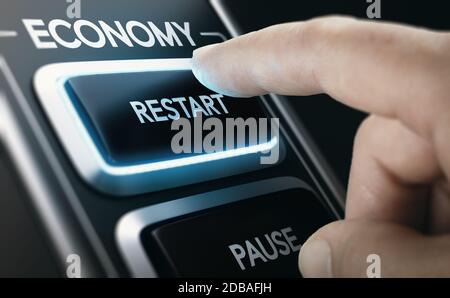 Mann, der einen Knopf drückt, um die Volkswirtschaft nach der Krise wieder anzukurbeln. Zusammengesetztes Bild zwischen einer Handfotografie und einem 3D-Hintergrund. Stockfoto