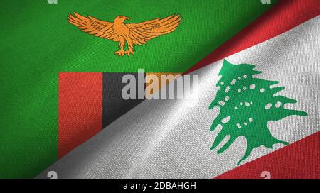 Sambia und Libanon zwei Flaggen Textiltuch, Stoff Textur Stockfoto