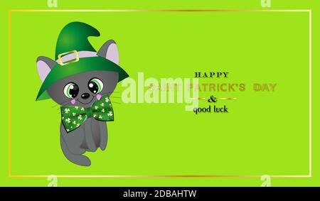 St. Patrick's Day Banner. März Hintergrunddesign, Katze in einem grünen Hut. Horizontales Poster, Postkarte, Website-Header. Stockfoto