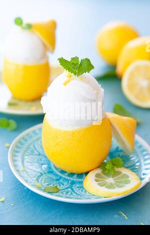 Eiskalter Zitronensorbet mit frischen Minzblättern Stockfoto