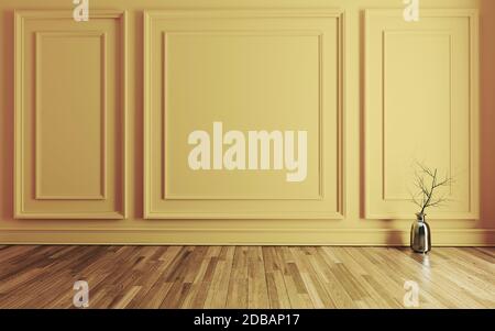 Leeres Zimmer mit modernen klassischen gelben Wand Dreifachpaneele, metallische Vase, Trockenanlage und Holzboden realistische 3D-Rendering Stockfoto