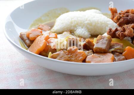 Japanisches Curry mit Delfin-Reis und gebratenem Huhn. (Karaage) Stockfoto