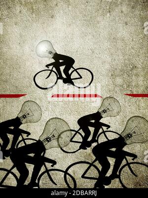 Radfahrer mit Birne Köpfe Abbildung Kreativität Konzept Stockfoto