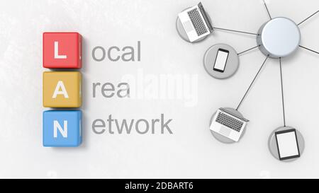 Schwarz Local Area Network Text, LAN Akronym auf bunten Cubes, Laptop-Computer, Handy und Tablet-PC auf einem hellgrauen verputzten Hintergrund 3D ill Stockfoto