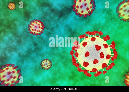 Konzeptbild mit vielen Viren für die Pandemie der Coronavirus-Krankheit 2019 (covid-19) Stockfoto