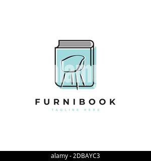 Buch mit Stuhl Symbol Logo Design Vektor Vorlage.Möbel Buch Illustration Stock Vektor