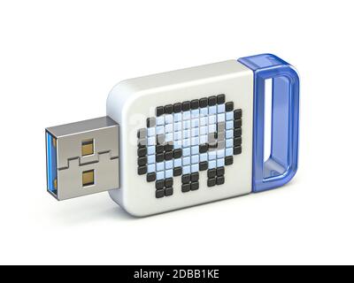 Schädel Zeichen auf USB-Stick 3D-Rendering-Illustration isoliert auf weißem Hintergrund Stockfoto