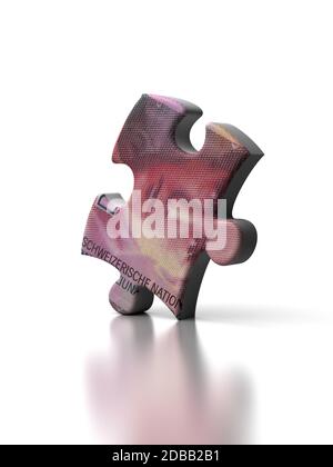 Einzelnes Schweizer Franken-Puzzle (isoliert auf weißem Hintergrund) Stockfoto