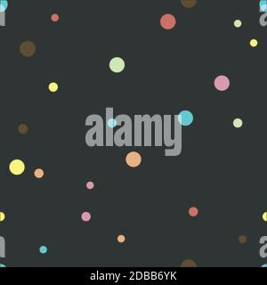Bunt gepunktetes Nahtloses Muster. Polka Dot auf dunkelgrauem Hintergrund. Vektorgrafik. Stockfoto