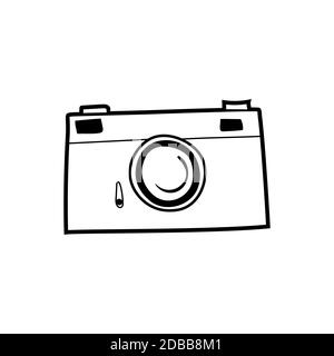 Retro-Film Fotokamera isoliert auf weißem Symbol. Handgezeichnete Skizzendarstellung. Für Drucke, Poster, Logo, Infografiken Stockfoto