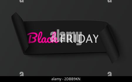 Black Friday Verkauf schwarzes Papier gekrümmtes Band isoliert auf schwarzem Hintergrund realistische 3d-Vektor-Illustration. Banner für Verkaufswerbung Stock Vektor