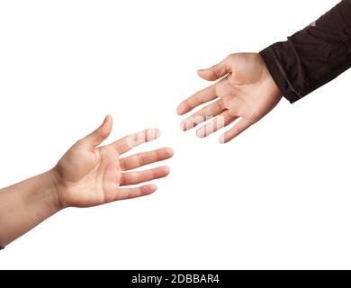 Zwei Hände, die sich gegenseitig auf weißem Hintergrund ausstreten, Konzept der Hilfe, Freundschaft Stockfoto
