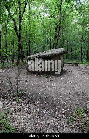 Dolmen in Shapsug. Wald in der Stadt in der Nähe des Dorfes Shapsugskaya, sind die Sehenswürdigkeiten Dolmen und Ruinen der alten Zivilisation. Stockfoto