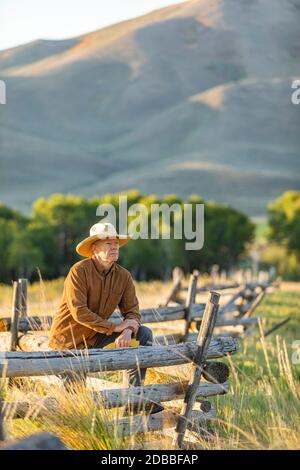 USA, Idaho, Bellevue, Rancher lehnt sich gegen den Zaun auf dem Feld Stockfoto