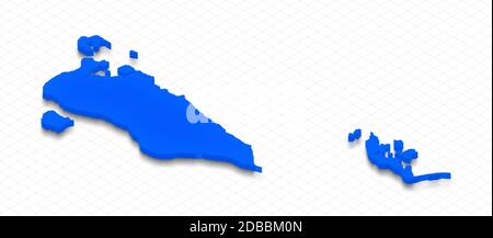 Illustration einer blauen Grundkarte von Bahrain im Rasterhintergrund. Isometrische 3D-Perspektivprojektion rechts. Stockfoto