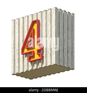 Vintage Beton rot gelb Nummer 4 3D Render Illustration isoliert auf weißem Hintergrund Stockfoto
