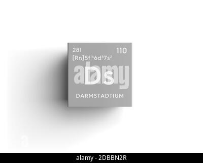 Barmstadtium. Übergangsmetalle. Chemisches Element des Mendelejew Periodensystems. Darmstadtium im quadratischen Würfel kreatives Konzept. 3D-Illustration. Stockfoto