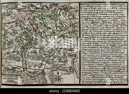 Batalla de Hochkirch (14 de octubre de 1758). Episodio bélico que tuvo lugar durante la Guerra de los Siete Años en Hochkirch, en Sajonia. El ejército prusiano de Federico II el Grande se enfrentó, siendo derrotado, a un ejército Imperial Dirigido por Leopold Joseph von Daun. Grabado publicado en 1765 por el cartógrafo Jean de Beaurain (1696-1771) como ilustración de su Gran Mapa de Alemania, con los eventos que tuvieron lugar durante la Guerra de Los Siete Años. Guerra de 1755 A 1763. Edición francesa, 1765. Biblioteca Histórico Militar de Barcelona. Cataluña, España. Stockfoto