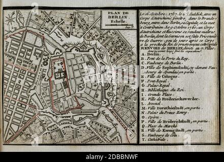 Guerra de los Siete Años. Tercera Guerra de Silesia. Insurrección sobre Berlín. El 9 de octubre de 1760 tropas austríacas y rumas ocuparon la Capital prusiana de Berlín durante varios días. Tras saquear la ciudad y ser conocedores de que los prusianos enviaban tropas de refuerzo a la ciudad, los austríacos y los rusos abandonaron la misma. Tres años antes, el 16 de octubre de 1757, se produjo otra incursión de tropas austríacas en Berlín, mandadas por el General Haddick, si bien fué mucho más breve. Plano de Berlín. Grabado publicado en 1765 por el cartógrafo Jean de Beaurain (1696-1771) como Stockfoto