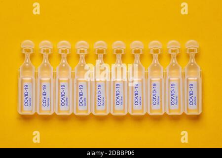 Behandlungskonzept für Coronavirus. Nahaufnahme von zehn Ampullen mit Impfstoff COVID-19 flach auf gelbem Hintergrund gelegt. Weltweite Pandemie und Heilung Stockfoto