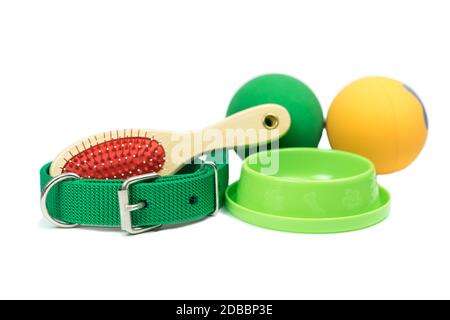PET-Zubehör-Konzept. Schüsseln, Gummispielzeug, Halsbänder und Pinsel auf isoliertem weißem Hintergrund. Stockfoto