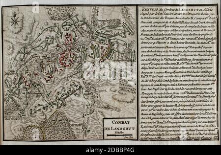 Batalla de Landeshut. Episodio bélico que tuvo lugar el 23 de junio de 1760, durante la Tercera Guerra de Silesia, en el transcurso de la Guerra de los Siete Años. UN ejército prusiano liderado por el General Heinrich August de la Motte Fouque se enfrentó, siendo derrotado, a un ejército austríaco Superior en fuerzas al mando del General von Loudon. Grabado publicado en 1765 por el cartógrafo Jean de Beaurain (1696-1771) como ilustración de su Gran Mapa de Alemania, con los eventos que tuvieron lugar durante la Guerra de Los Siete Años. Guerra de 1755 A 1763. Edición francesa, 1765. Biblioteca Stockfoto