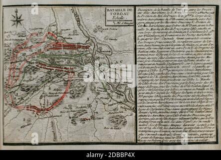 Guerra de los Siete Años. Batalla de Torgau. Tuvo lugar el 3 de noviembre de 1760. Enfrentó a tropas prusianas del rey Federico el Grande contra un ejército austríaco mucho más poderoso comandado por el Mariscal Daun. Los prusianos vencieron en una de las batallas más sangrientas de la Tercera Guerra de Silesia. Grabado publicado en 1765 por el cartógrafo Jean de Beaurain (1696-1771) como ilustración de su Gran Mapa de Alemania, con los eventos que tuvieron lugar durante la Guerra de Los Siete Años. Guerra de 1755 A 1763. Edición francesa, 1765. Biblioteca Histórico Militar de Barcelona. Catalu Stockfoto