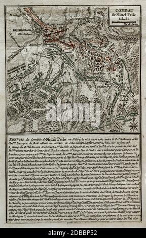 Guerra de los Siete Años. Batalla de Reichenbach (16 de agosto de 1762). Combat de Mittel Peilau, en Silesia. Fuerzas austríacas dirigidas por el Mariscal Daun atacaron al ejército prusiano. Los prusianos lograron resistir el ataque. Grabado publicado en 1765 por el cartógrafo Jean de Beaurain (1696-1771) como ilustración de su Gran Mapa de Alemania, con los eventos que tuvieron lugar durante la Guerra de Los Siete Años. Guerra de 1755 A 1763. Edición francesa, 1765. Biblioteca Histórico Militar de Barcelona. Cataluña, España. Stockfoto