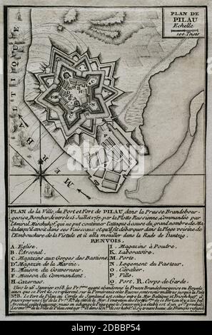 Guerra de los Siete Años (1756-1763). Plano de la fortaleza de Pillau, junto al mar Báltico. Fué bombardeada por los rusos en 1757-1758. Grabado publicado en 1765 por el cartógrafo Jean de Beaurain (1696-1771) como ilustración de su Gran Mapa de Alemania, con los eventos que tuvieron lugar durante la Guerra de Los Siete Años. Guerra de 1755 A 1763. Edición francesa, 1765. Biblioteca Histórico Militar de Barcelona. Cataluña, España. Stockfoto