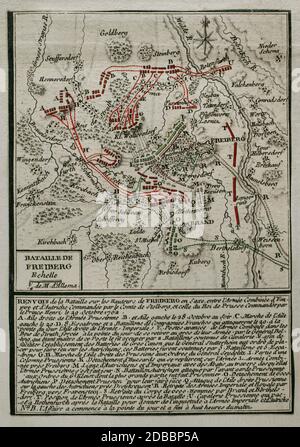 Batalla de Freiberg. Tuvo lugar el 29 de octubre de 1762, siendo la última gran batalla de la Tercera Guerra de Silesia, en el marco de la Guerra de los Siete Años. El ejército prusiano dirigido por Enrique de Prusia (Príncipe Enrique), hermano del rey Federico II de Prusia, derrotó a las tropas austríacas comandadas por Federico Carlos de Stolberg-Gedern (príncipe Stolberg) y Andras Hadik. Grabado publicado en 1765 por el cartógrafo Jean de Beaurain (1696-1771) como ilustración de su Gran Mapa de Alemania, con los eventos que tuvieron lugar durante la Guerra de Los Siete Años. Guerra de 1755 Stockfoto