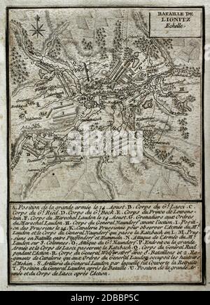 Batalla de Liegnitz, también llamada Batalla de Legnica. Episodio bélico que tuvo lugar el 15 de agosto de 1760 en los alrededores de la ciudad de Liegnitz en Silesia (actualmente territorio de Polonia), durante la Tercera Guerra de Silesia, en el marco de la Guerra de los Siete Años. Enfrentó al ejército austríaco del General Ernst von Laudon y las tropas prusianas de Federico II el Grande. Los prusianos consiguieron oponerse a las fuerzas de los austríacos, quienes renunciaron a un ataque final. Grabado publicado en 1765 por el cartógrafo Jean de Beaurain (1696-1771) como ilustración de su G Stockfoto