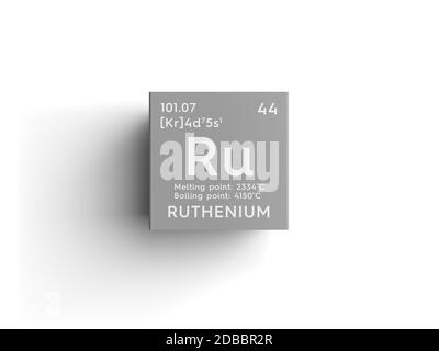 Ruthenium. Übergangsmetalle. Chemisches Element des Mendelejew Periodensystems. Ruthenium im quadratischen Würfel kreatives Konzept. 3D-Illustration. Stockfoto